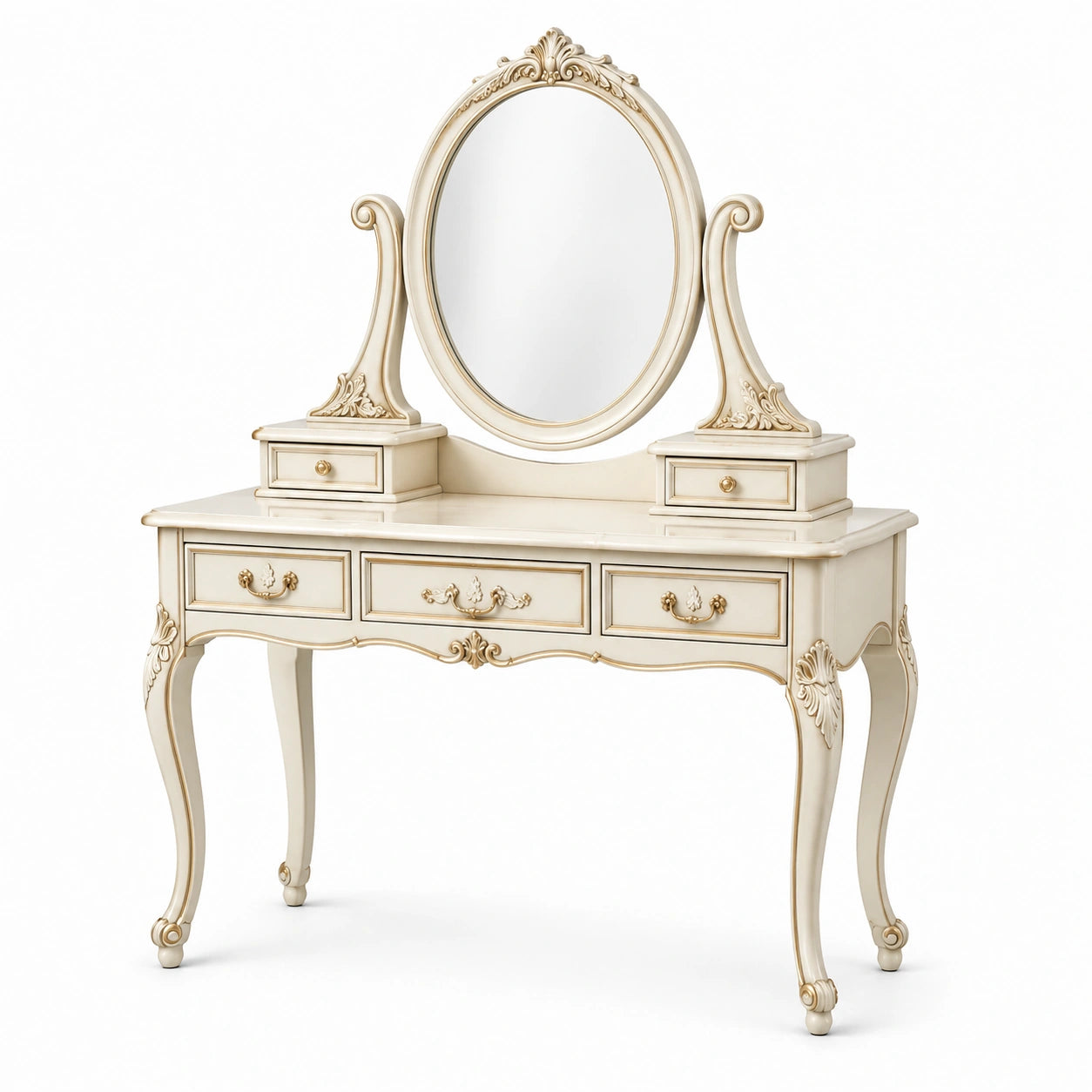 Tocador de Madera Beige con Espejo Ovalado y 5 Cajones