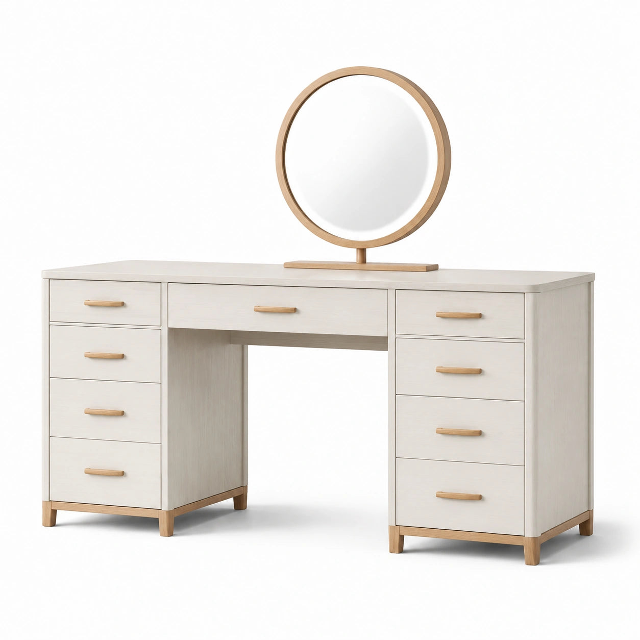 Tocador de madera con espejo redondo y cajones, 140cm