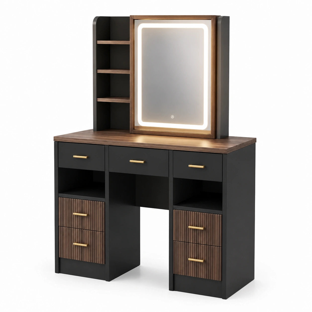 Tocador de MDF y vidrio templado negro y madera con espejo LED, 120 x 40 x 145 cm