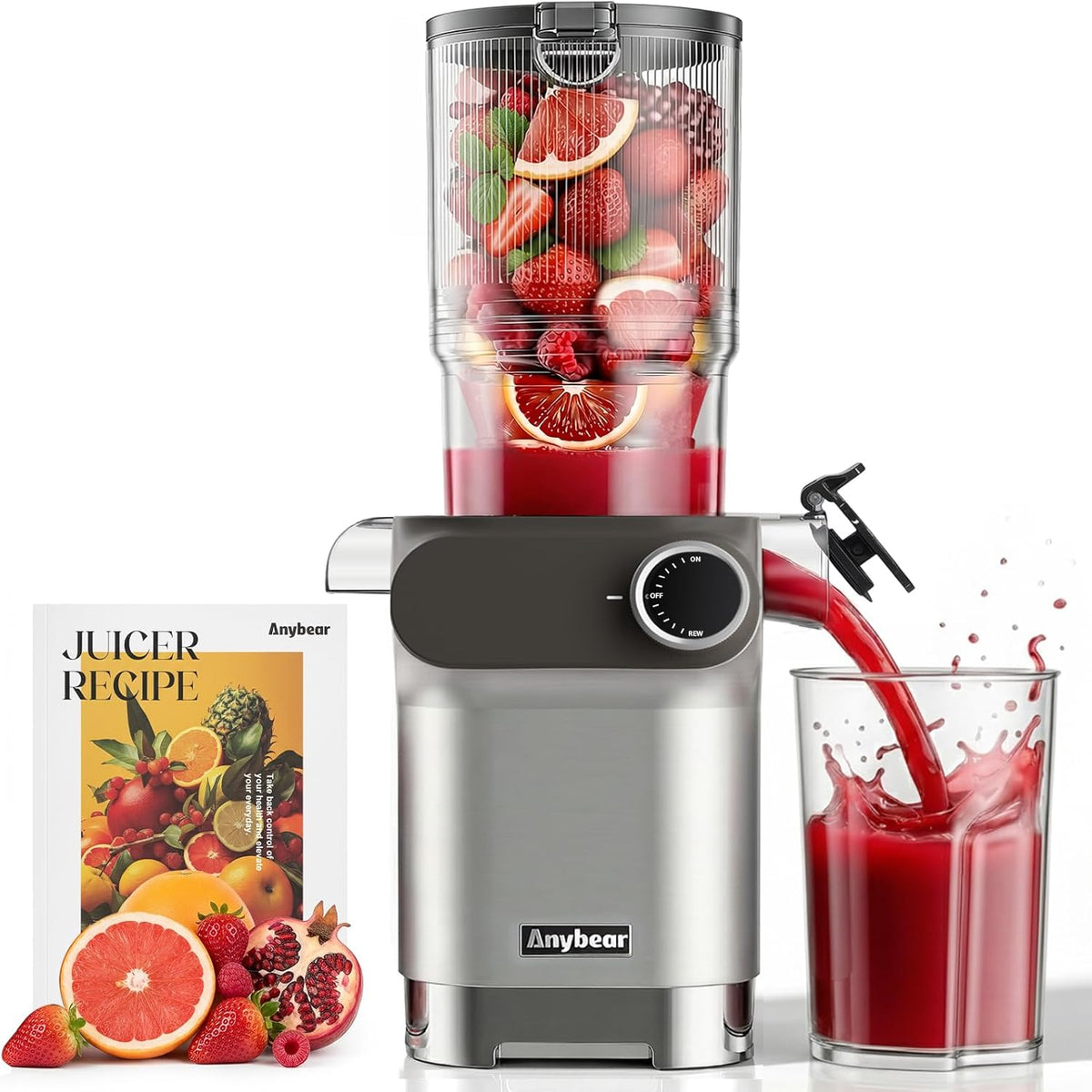 Anybear Licuadoras Single Auger, Exprimidor de 200 W Slow Juicer con 110 mm gran orificio de llenado para frutas y verduras enteras, caracol mejorado