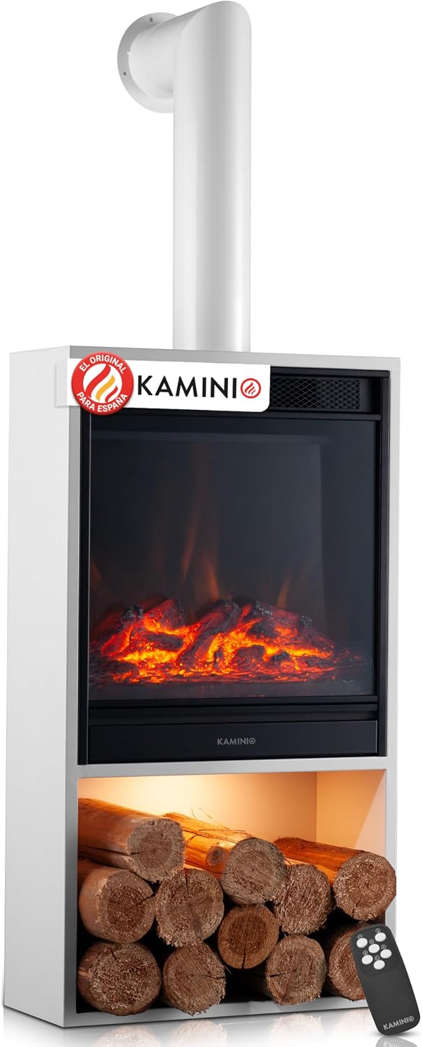 KAMINIO Chimenea eléctrica, Hugo con Tubo de Chimenea - Estufa de Chimenea con calefacción, Efecto Llama 3D, Luz Ambiental LED, Compartimento de