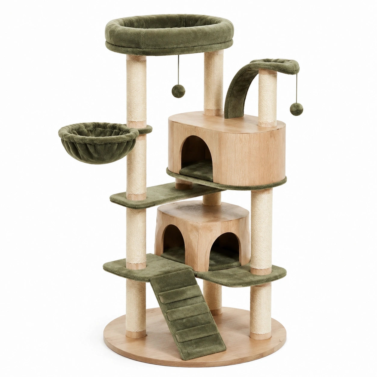 Árbol para Gatos de Madera, Tela Verde Oliva y Sisal