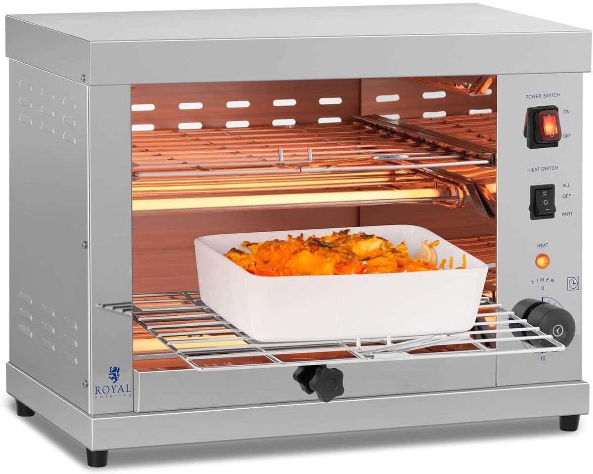 Hornos tostador Royal Catering, RCET-360 Horno Tostador Hornillo eléctrico Salamandra Cocina (3.250 W, 230 V, 50-300°C, Temporizador 15 min, acero