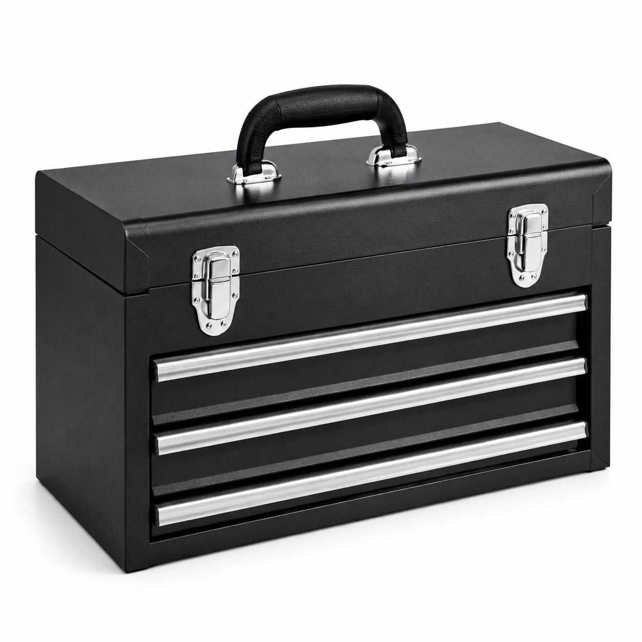 Caja de herramientas de metal negro con 3 cajones