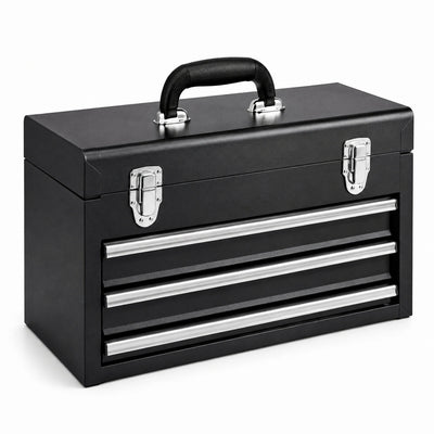 Caja de herramientas de metal negro con 3 cajones