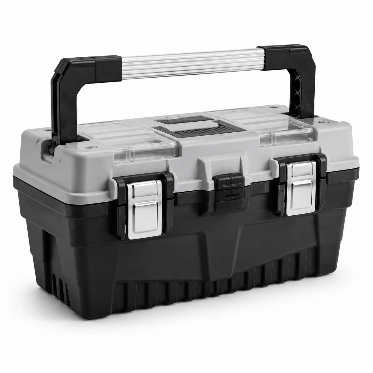 Caja de herramientas de plástico con asa de aluminio y cierres de acero inoxidable
