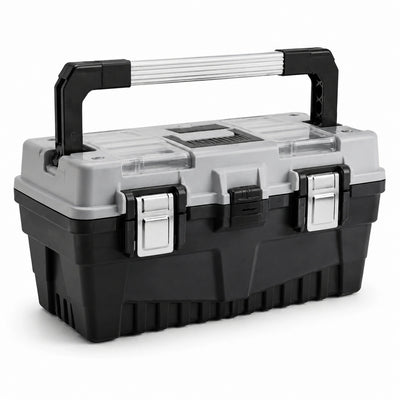 Caja de herramientas de plástico con asa de aluminio y cierres de acero inoxidable