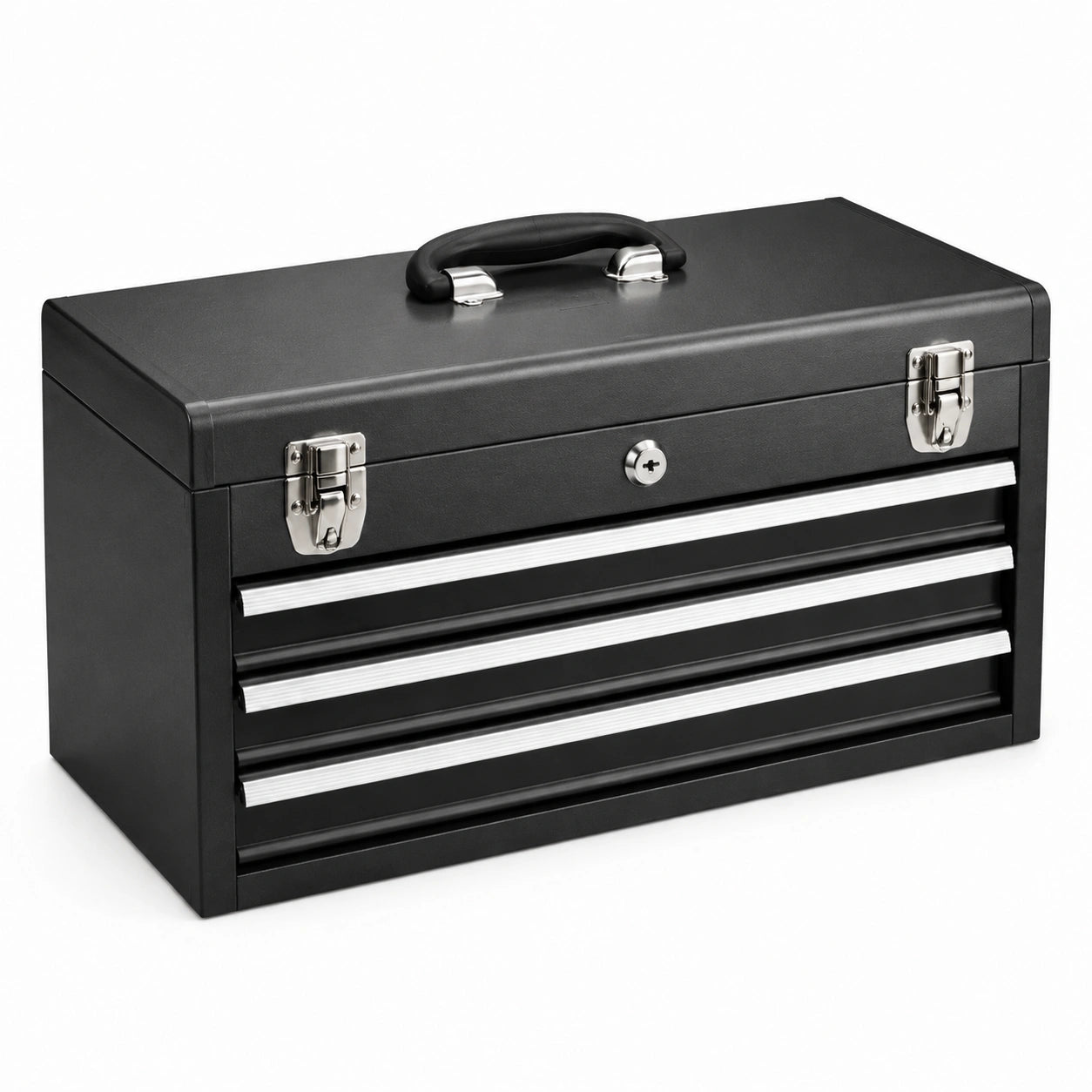Caja de herramientas de metal negro con cerradura y 3 cajones