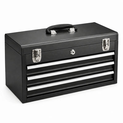 Caja de herramientas de metal negro con cerradura y 3 cajones