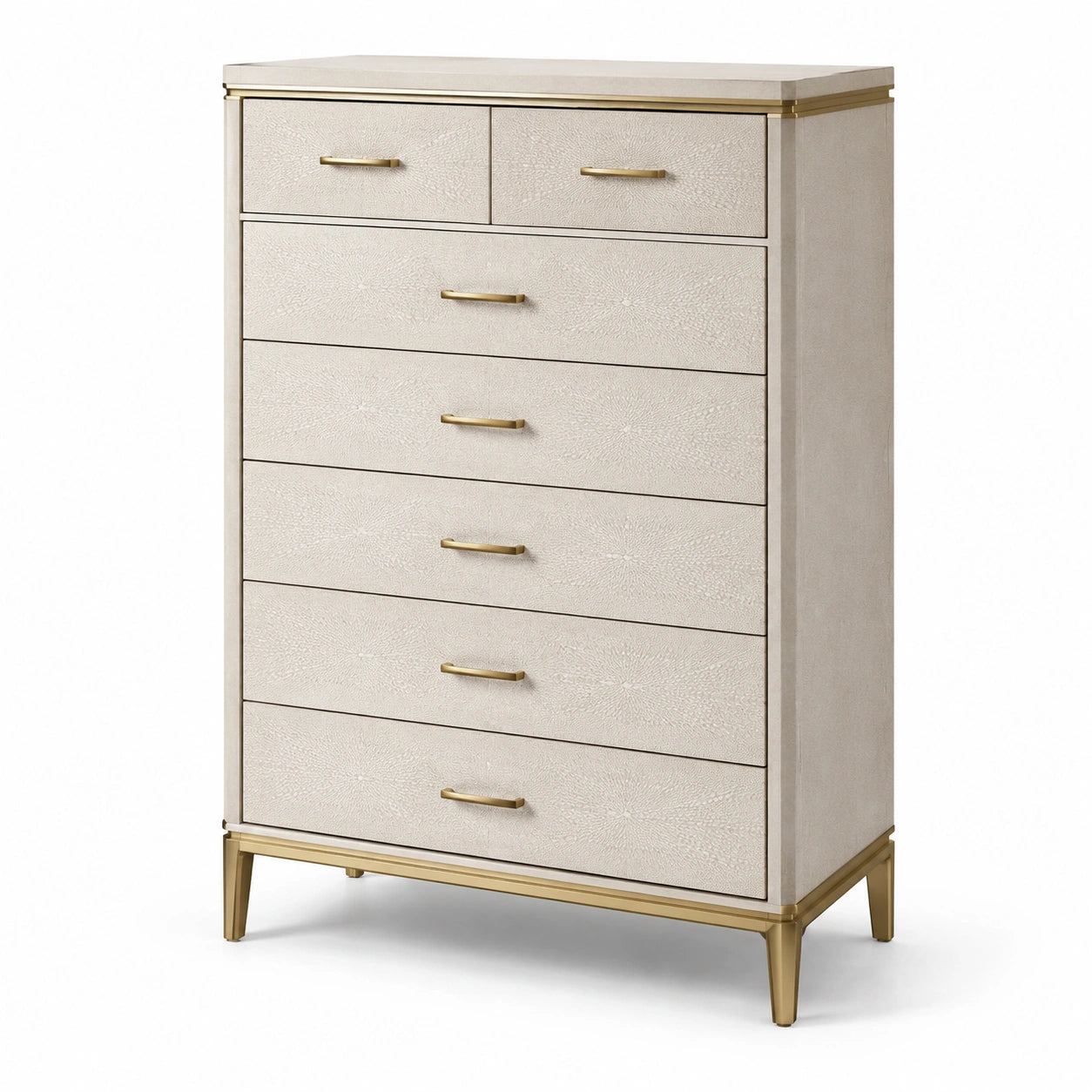 Cómoda de madera contrachapada y aluminio color beige con cajones