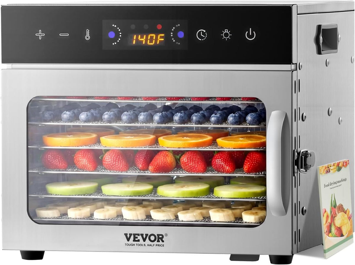 VEVOR Deshidratador, de Alimentos 6 Bandejas de Acero Inoxidable Secador de Alimentos Eléctrico 400 W con Temperatura Ajustable y Temporizador de 24
