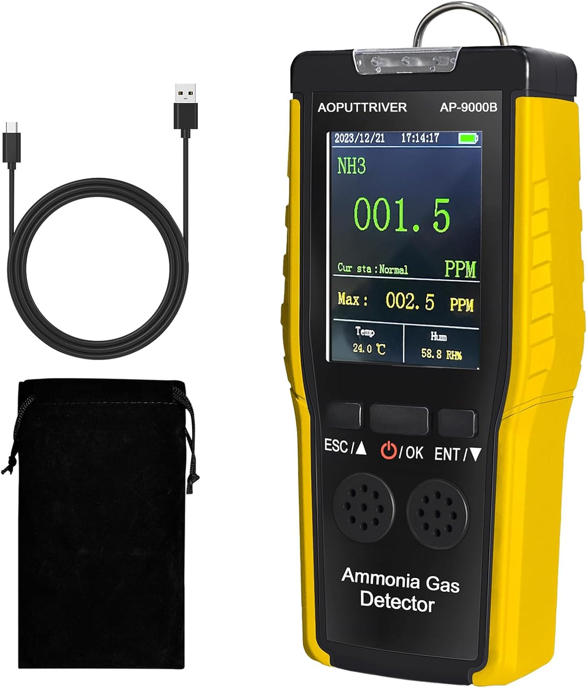 AOPUTTRIVER Detectores de ga, Detector de Gas Amoníaco, 0~100PPM, Humedad y Alarma Visual Acústica NH3 Medidor de Calidad del Aire para Industria