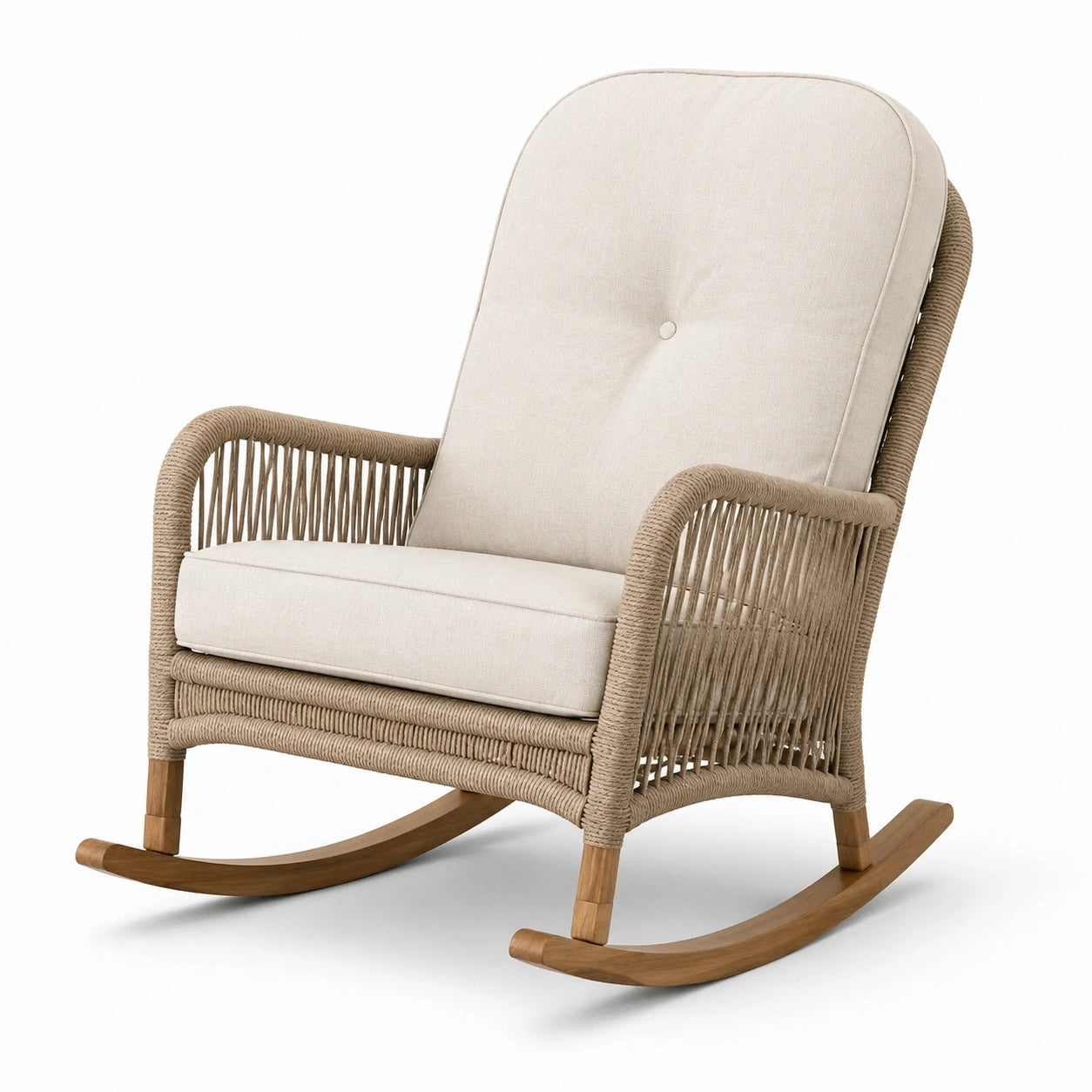 Silla Mecedora de Madera y Cuerda con Cojines Beige
