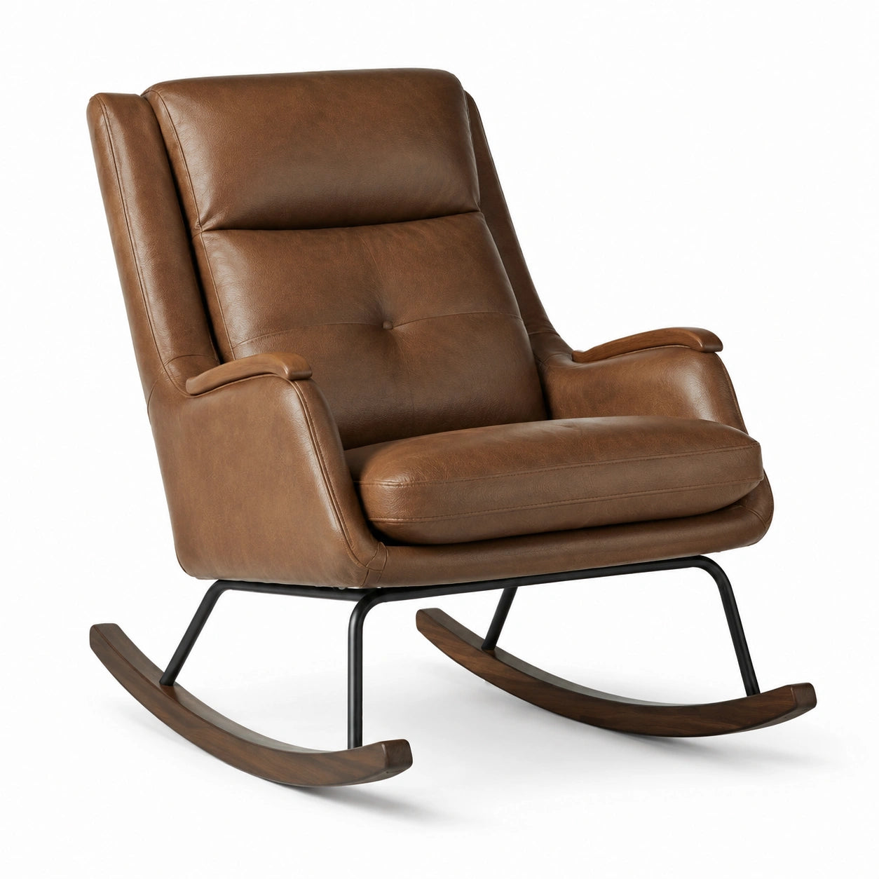 Silla mecedora de cuero sintético marrón con estructura de metal y madera