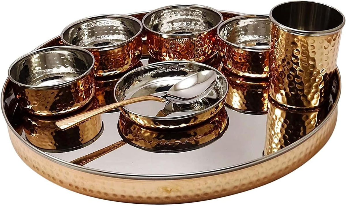 Zap Impex Vajillas elegant, Vajilla india de acero inoxidable cobre martillado vajilla tradicional conjunto de platos thali, cuencos, vidrio y