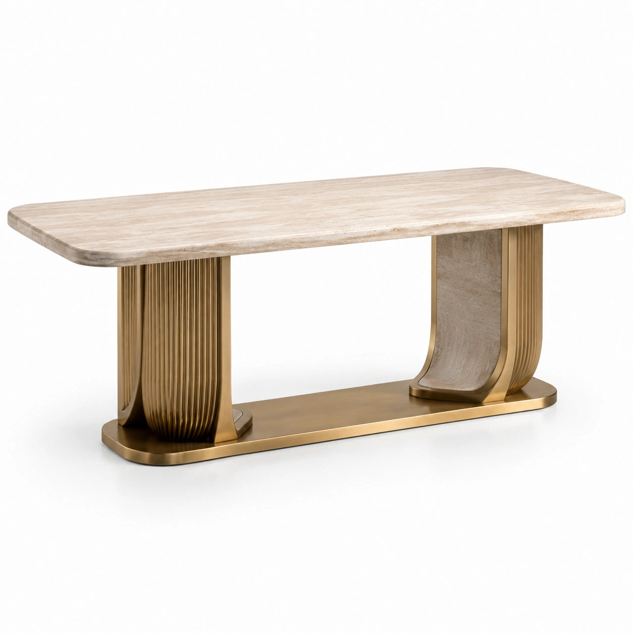 Mesa rectangular de travertino y metal dorado 120x60x40 cm