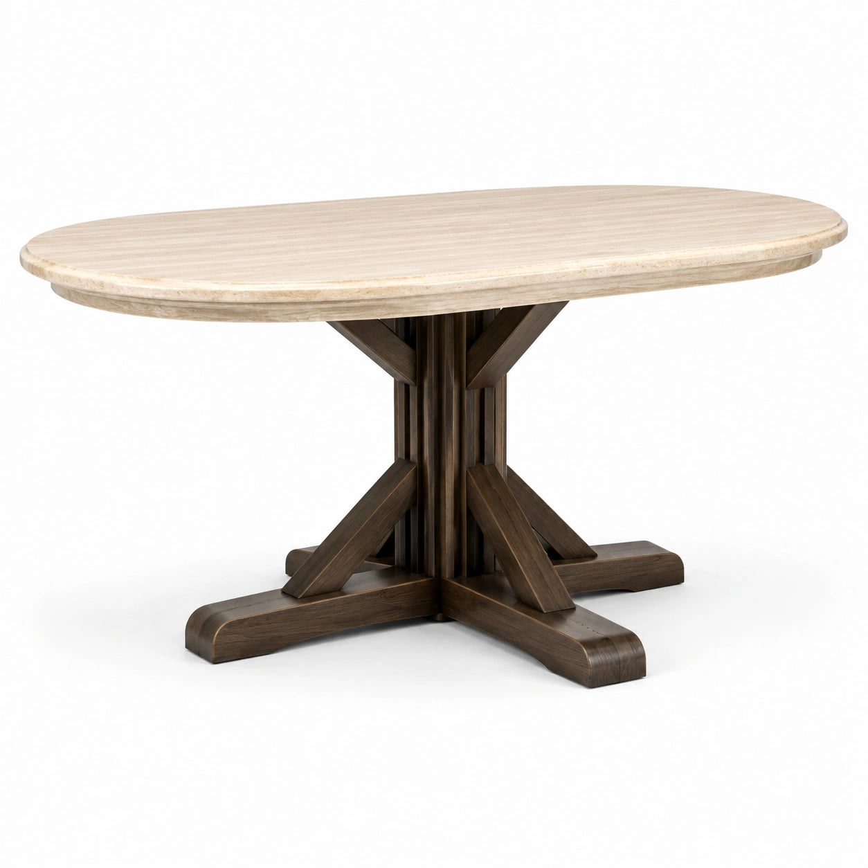 Mesa de comedor ovalada de mármol travertino y nogal