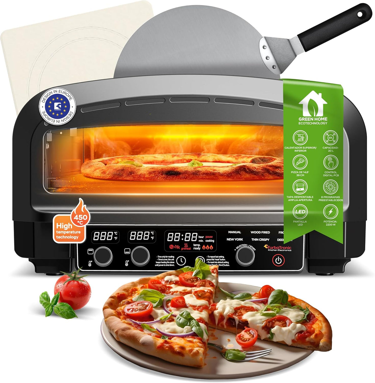 Hornos individuales para pizza TurboTronic Horno Eléctrico para Pizza 2200W, hasta 450 °C, para Pizzas de 37 cm (14, 6'), con Piedra para Pizza, Uso
