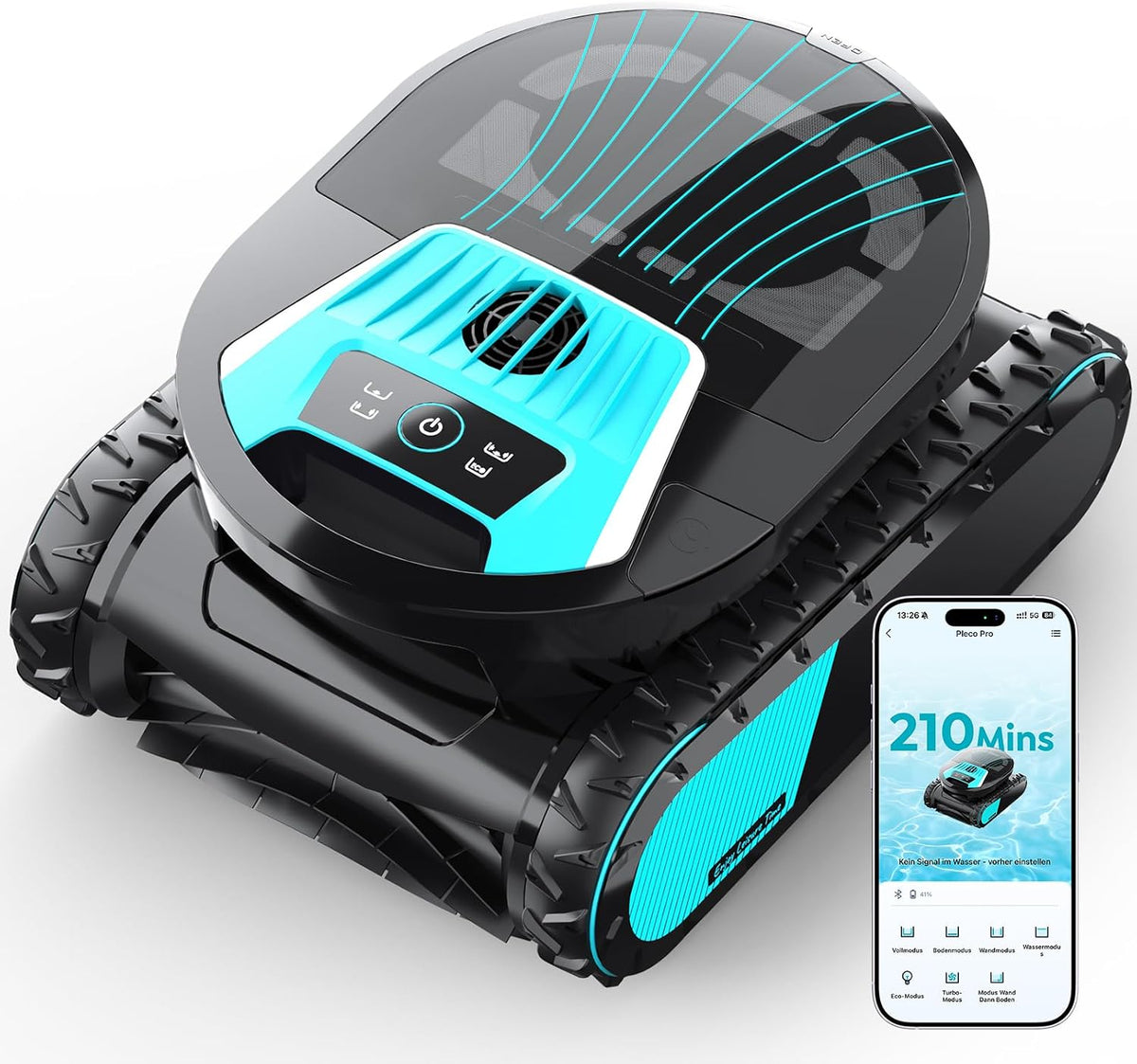 Limpiafondos automático de BRINBO, Pleco Pro Robot Piscina Limpiafondos y Paredes, Autonomía 210 min, Doble Filtración, 7 Modos, Control por App