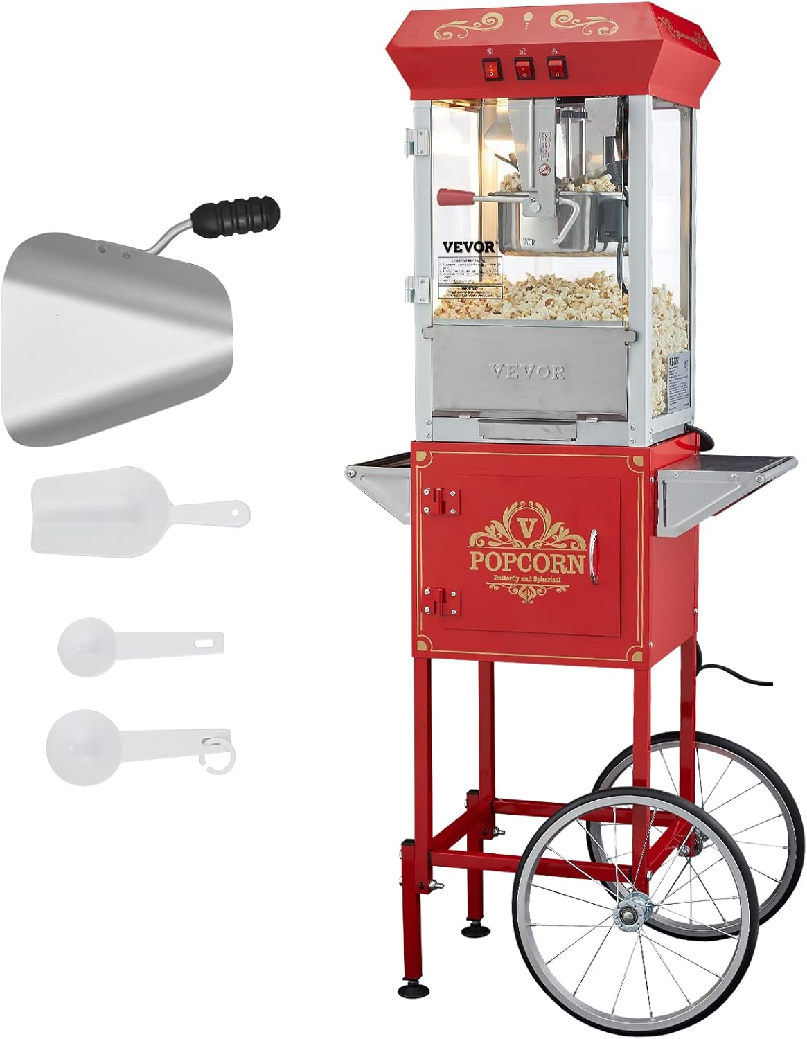 Máquinas de palomita Máquina para Hacer Palomitas de Maíz con Carrito, 850 W, Hervidor de 8 oz que Prepara 48 Tazas por Tanda, con Vidrio Templado