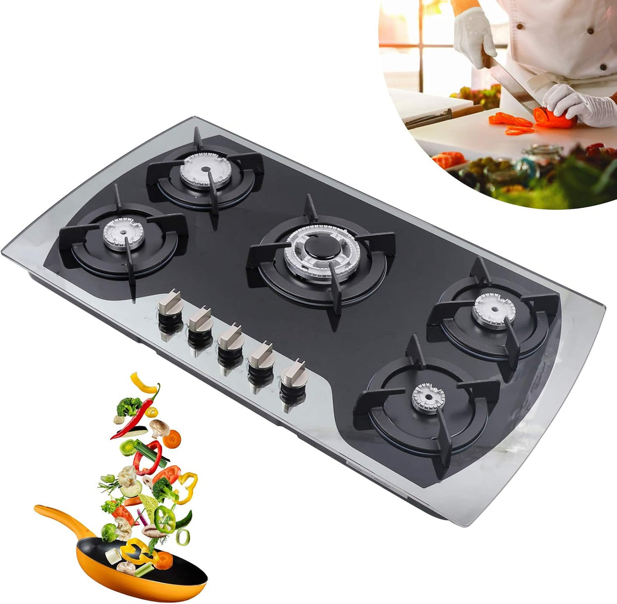 Placa de cocina Aohuada, Cocina de gas de 5 zonas, cocina de gas empotrada de 35, 4 pulgadas, cocina de gas autosuficiente, cocina de gas de acero