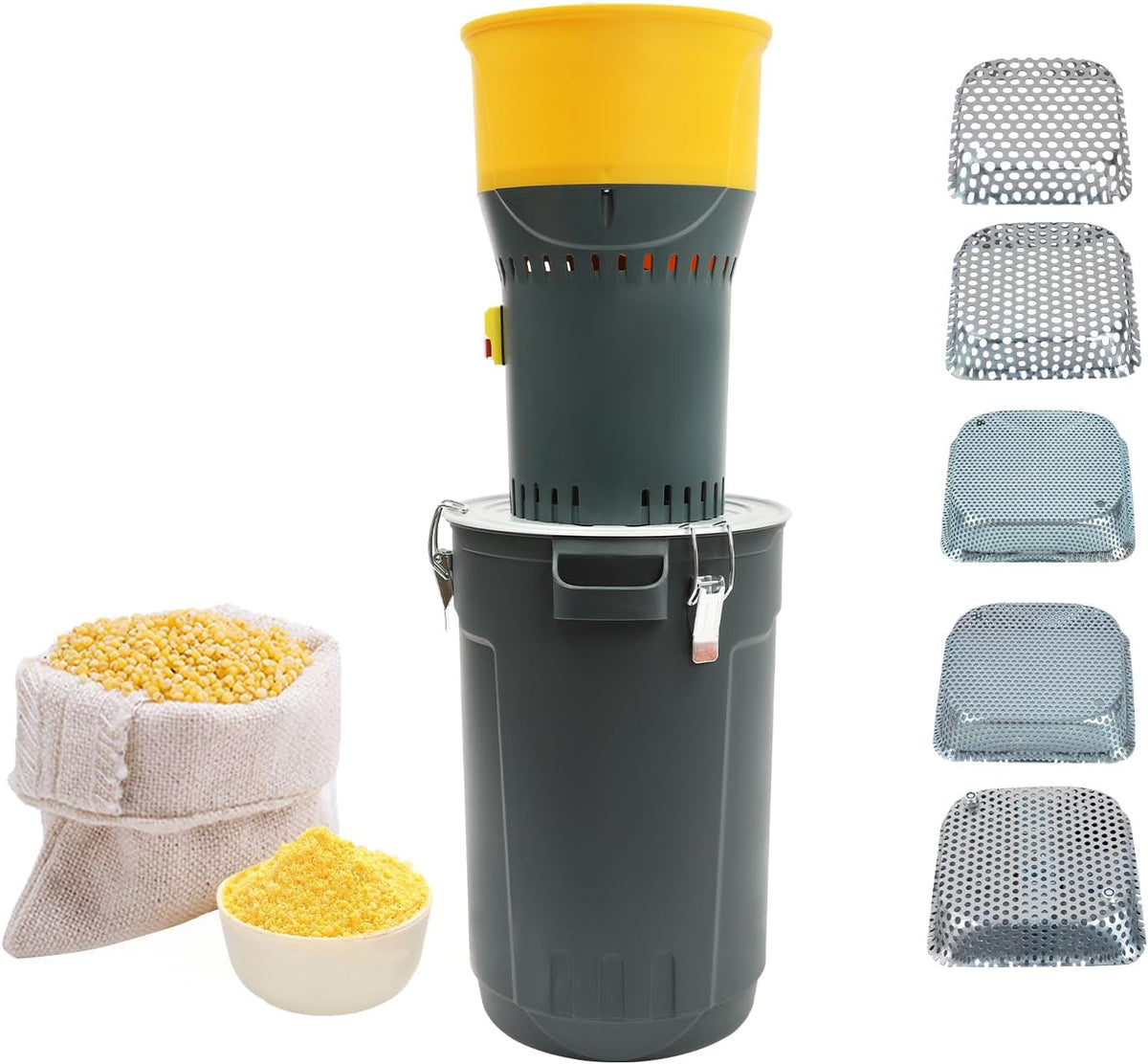 vinnyooc Molinos de grano, Molino de cereales eléctrico de 1000 W, molino de granos con 5 tamís, molino de maíz, trigo, arroz, soja, depósito de 25 L