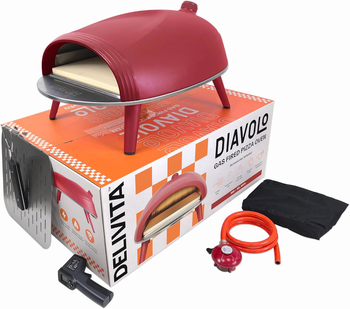 DeliVita Horno de pizza exterior, Diavolo - Horno de pizza portátil a gas, alimentado por propano, butano o botellas de camping, incluye accesorios