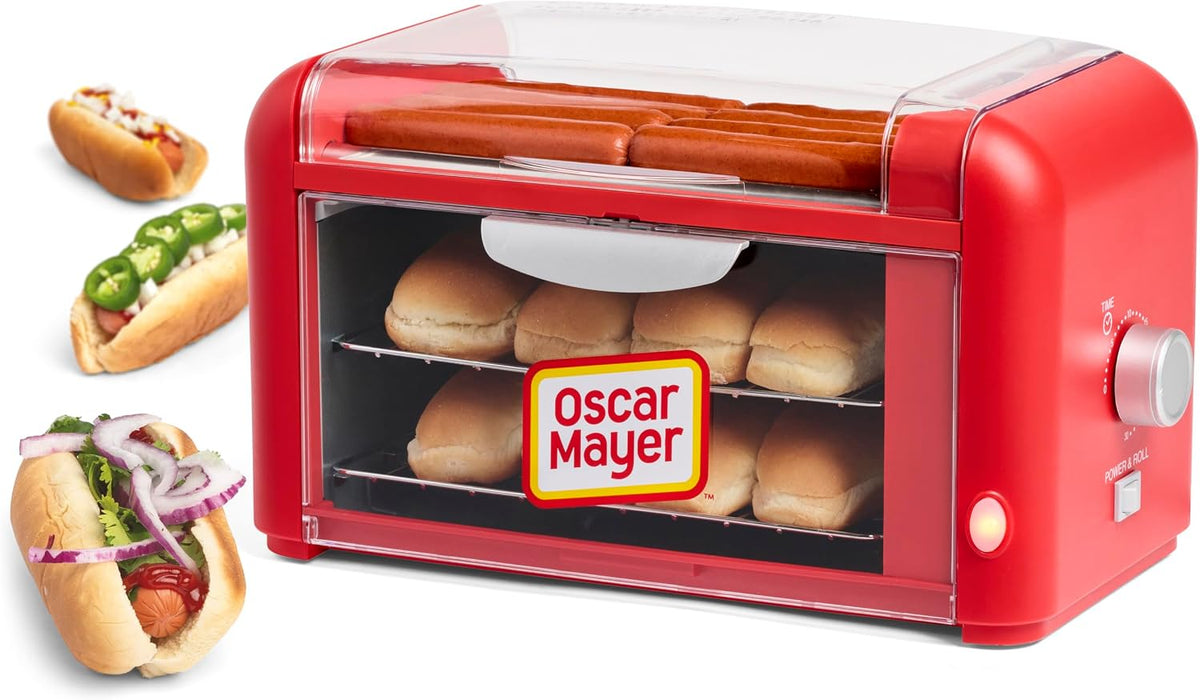 Nostalgia Parrillas eléctrica, Oscar Mayer Extra Large 8 Hot Dog Roller & Bun Toaster Oven, Stainless Steel Grill Rollers, Non-stick Warming Racks