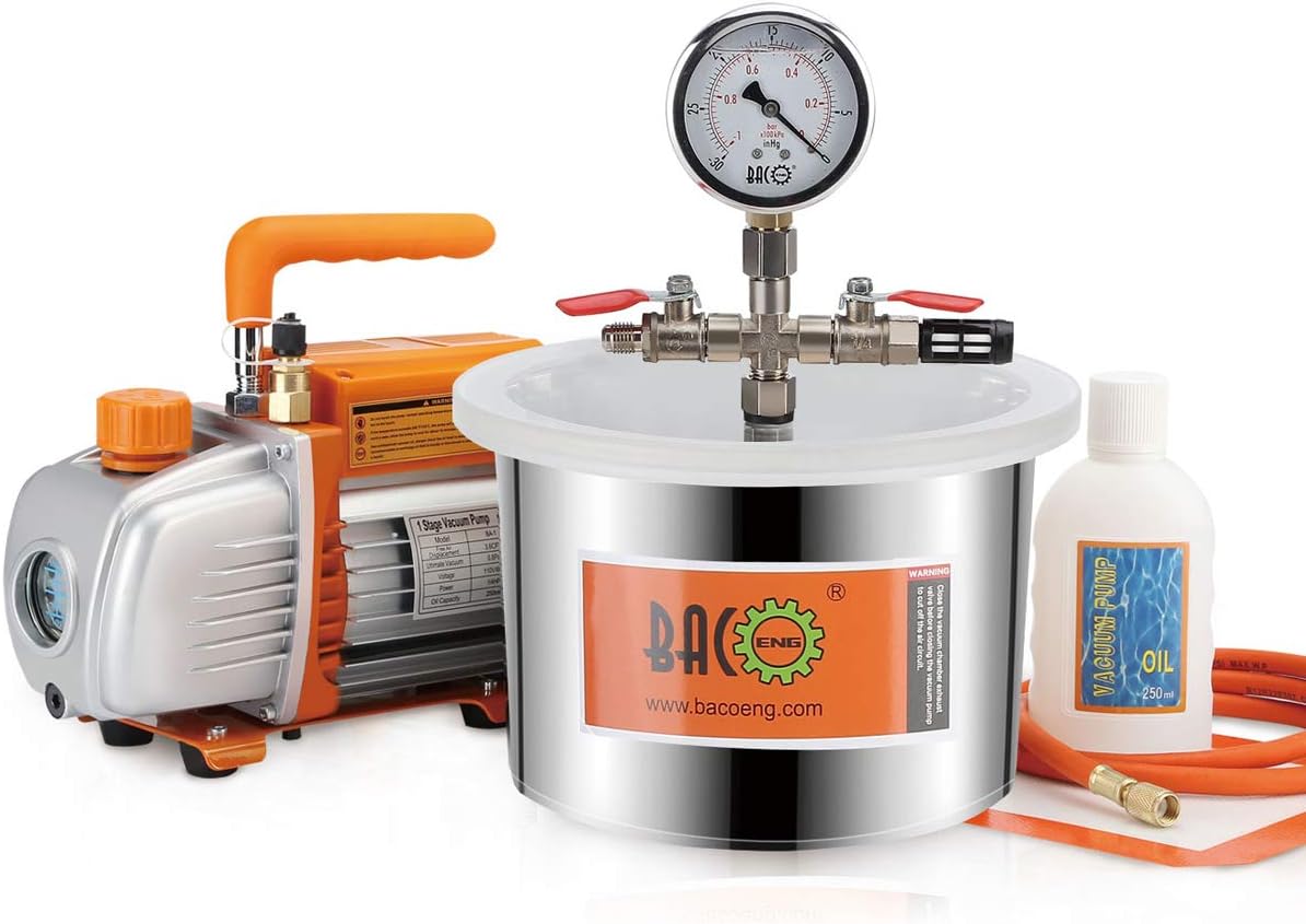 Equipo de vacío y bomba BACOENG, Cámara de Vacío con Bomba, 6, 8 L Cámara de Vacío de Acero Inoxidable, Bomba de Vacío de 3 CFM, Manguera de Vacío de
