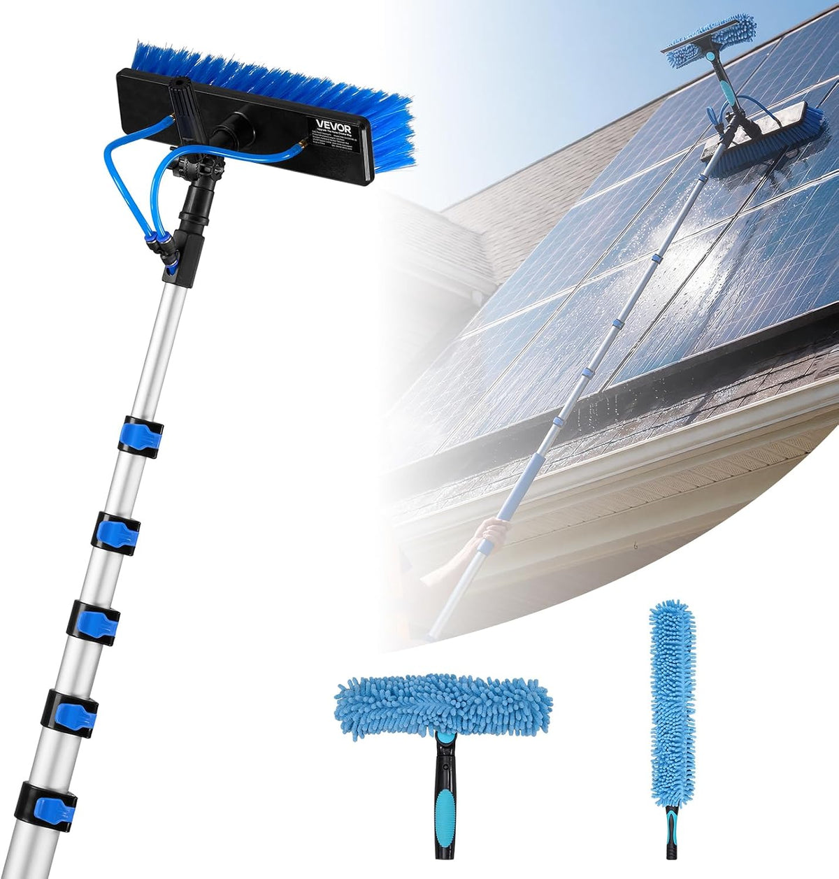 Cepillos y mopa de VEVOR, Kit de Limpieza de Paneles Solares con Pértiga Telescópica 10 m, Cabezal Giratorio, Suministro de Agua, Dispensador de Jabón