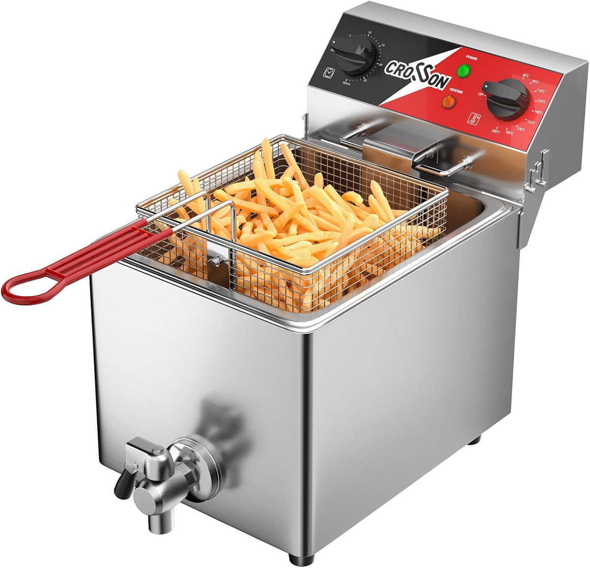 Freidora de crosson, eléctrica CROSSON de 6L con drenaje de aceite, temporizador de 30 minutos, tanque de aceite de formación de estiramiento, tapa y