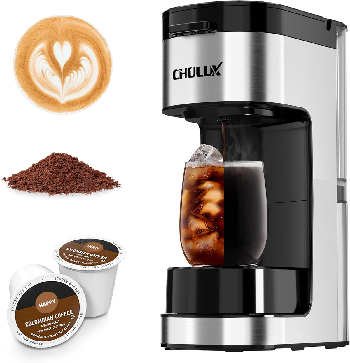Cafeteras individual de CHULUX, SoloBrew - Cafetera de una sola porción, para taza K y molida, 3 tamaños de preparación con botón fuerte y función