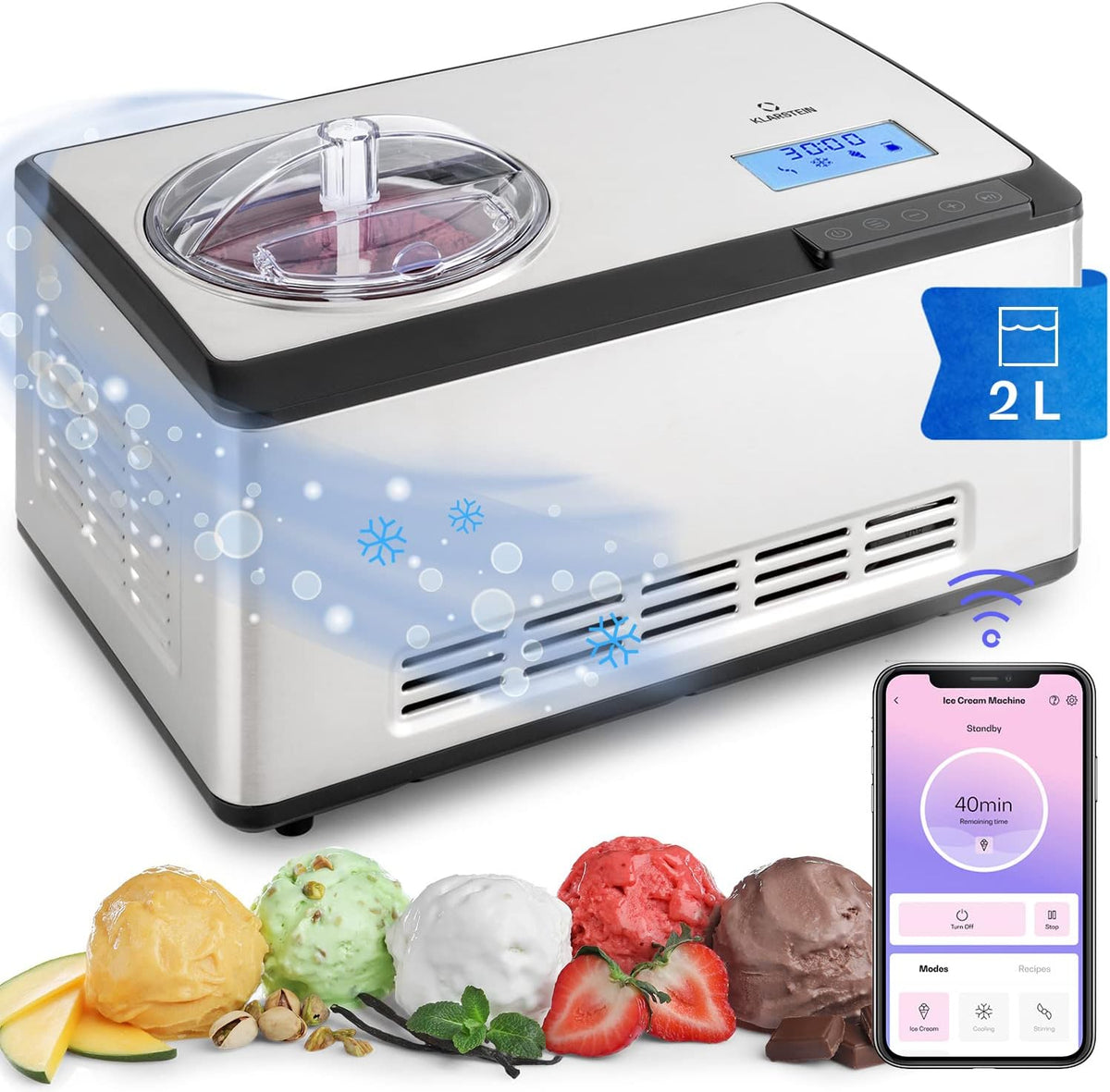 KLARSTEIN Heladera, Maquina de Helados para Casa, para Hacer Yogur Helado, Heladera con Compresor, WiFi y Control App, Postres Caseros, Helado Cremoso