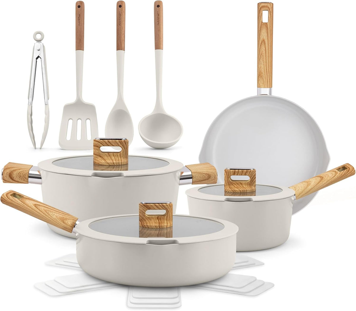 NutriChef Baterías de cocina, Juego de Utensilios de Cocina de Cerámica Antiadherente 14 piezas, Ollas y Sartenes, para Inducción, Tapas de Vidrio