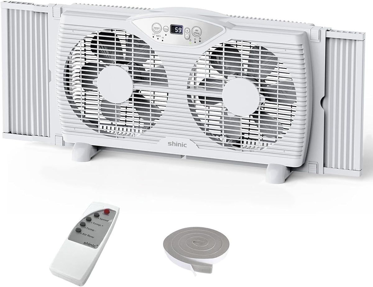 shinic Ventiladores de ventana, Ventilador de ventana doble con control remoto, cuchillas de 9 pulgadas, flujo de aire reversible, control de