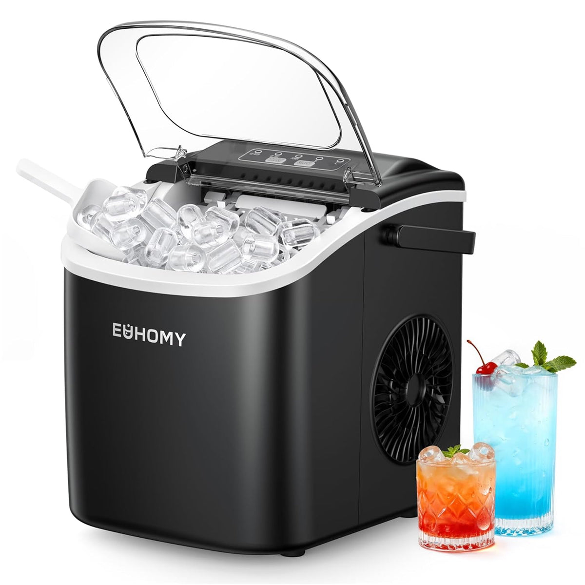 EUHOMY Máquinas para hacer hielo, Máquina de Hielo 12Kg/24H, 9 Cubos en 6 Minutos, Maquina de Hacer Hielo Autolimpiable, 2 Tamaños de Hielo, con Asa