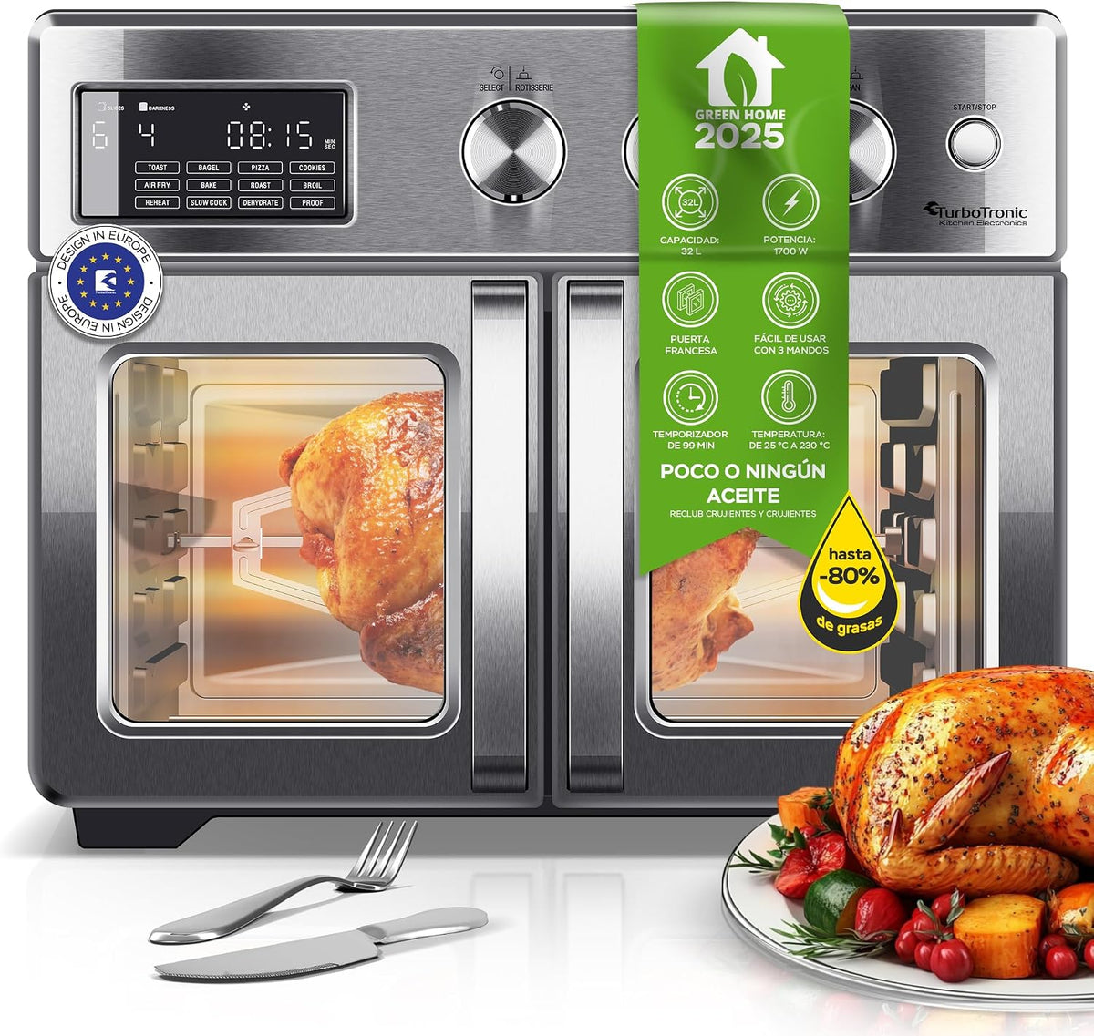 TurboTronic By Z-LINE Hornos tostador, TurboTronic Horno Digital 32L 4en1 con Asador Giratorio