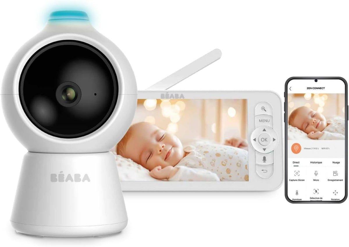 Béaba Monitores de vídeo, Zen Smart AI, Vigilabebés con Cámara De Video 3 En 1, Cámara 360° Full QHD 4MP, Pantalla HD 720p, App Móvil, IA Detección De