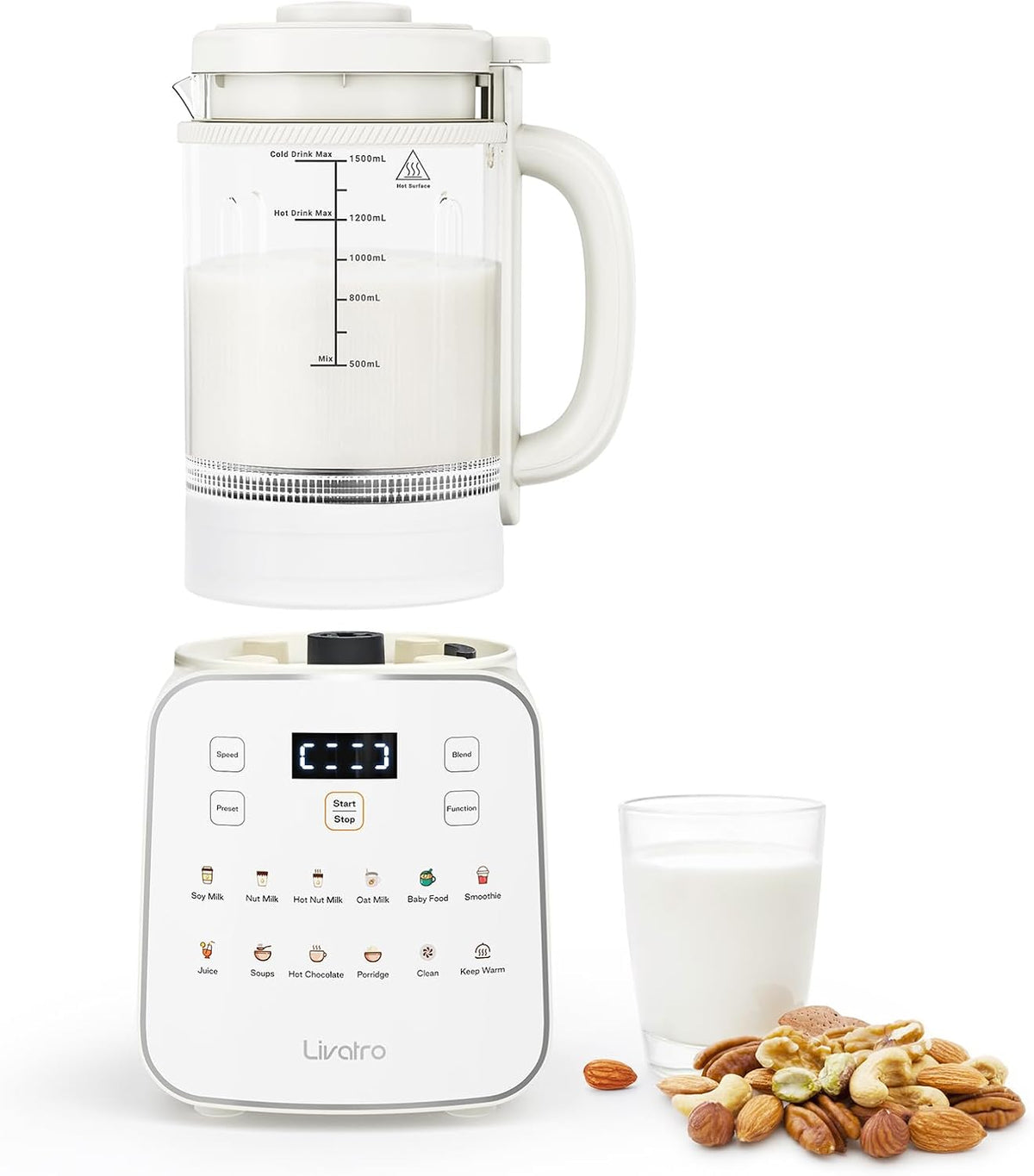 Livatro Batidoras espumadoras de leche automática, Máquina para leche vegetal 1, 5 L 12‑en‑1, fabricante de leche de soja automático, diseño