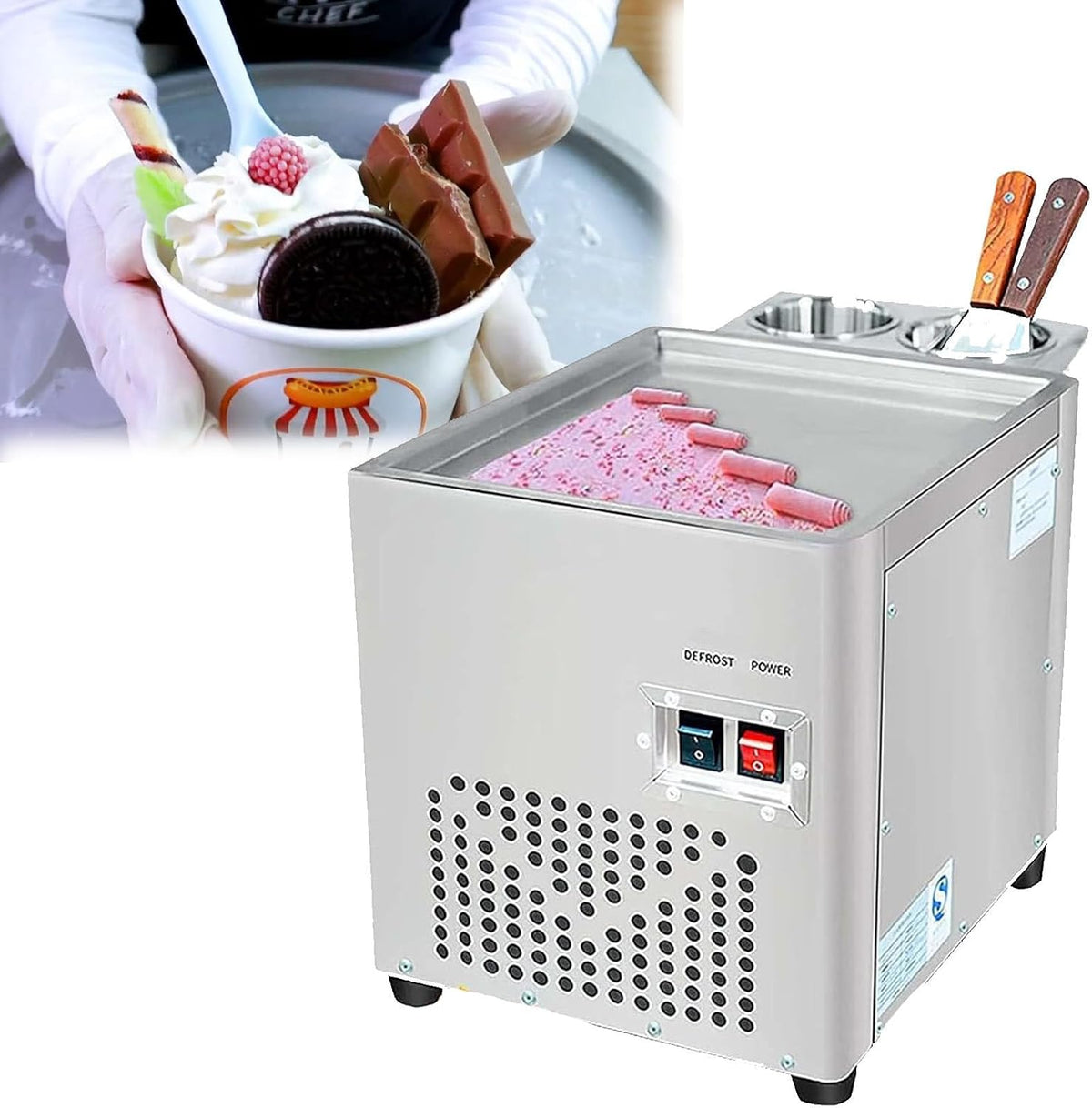 RayGenius Heladera, Heladora Comercial De Acero Inoxidable con 2 Raspadores - Heladora, MáQuina De Helados Fritos para Hacer Rollos De Helado