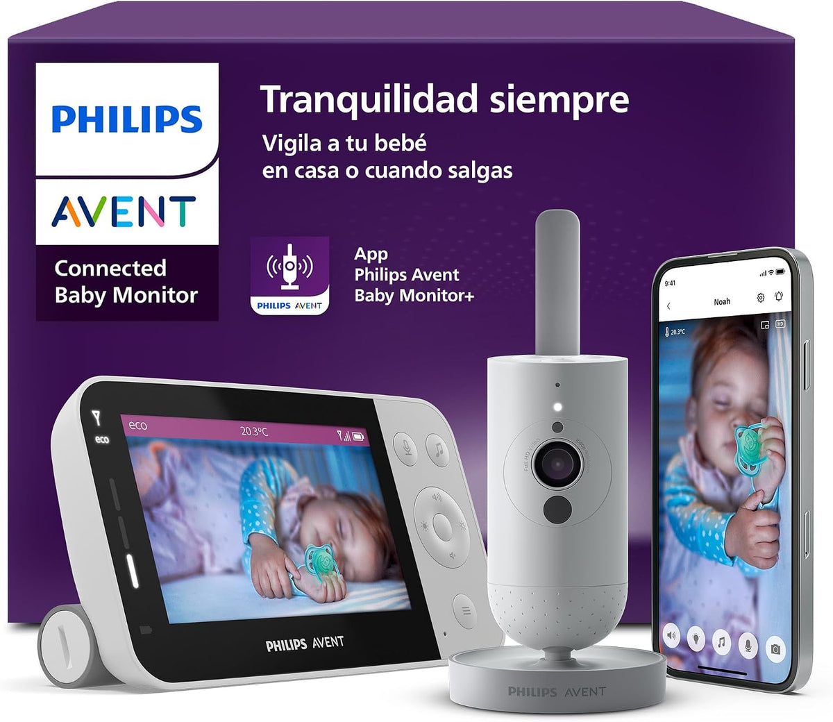 Monitores de vídeo de AVENT, PHILIPS Avent Vigilabebés Conectado con Wi-Fi, cámara HD de Calidad, visión Nocturna por Infrarrojos, detección de llanto