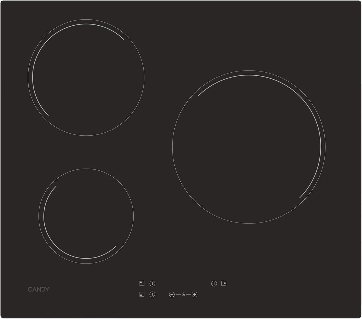 Placa de cocina Timeless CH63CC, Vitrocerámica, Tres Zonas, Fuego Grande 25CM, Ancho 59CM, 10 Niveles de Potencia, 5500W, Mandos Centrales, Bloqueo