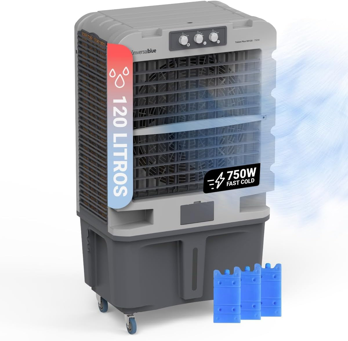 UNIVERSALBLUE Climatizadores evaporativo, Climatizador Evaporativo 120L 750W, 13.000 m³/h, Aire Acondicionado Natural Portátil para hasta 150 m², 3