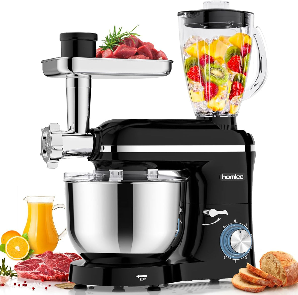 Robots de cocina de homlee, 3 In 1 Robot De Cocina con Picadora De Carne y Batidora, 2000W Amasadora Multifunción, 5.5L Cuenco De Acero Inoxidable