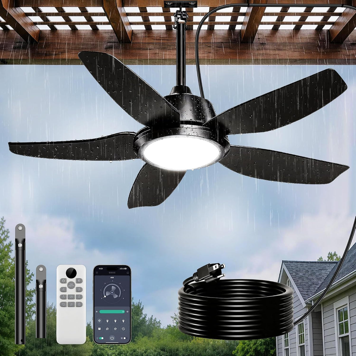 PARTPHONER Ventiladores de techo, Ventilador de Techo Exterior de 106, 7 cm con Luces, Resistente al Agua IP65, Control APP y Remoto, LED 3CCT