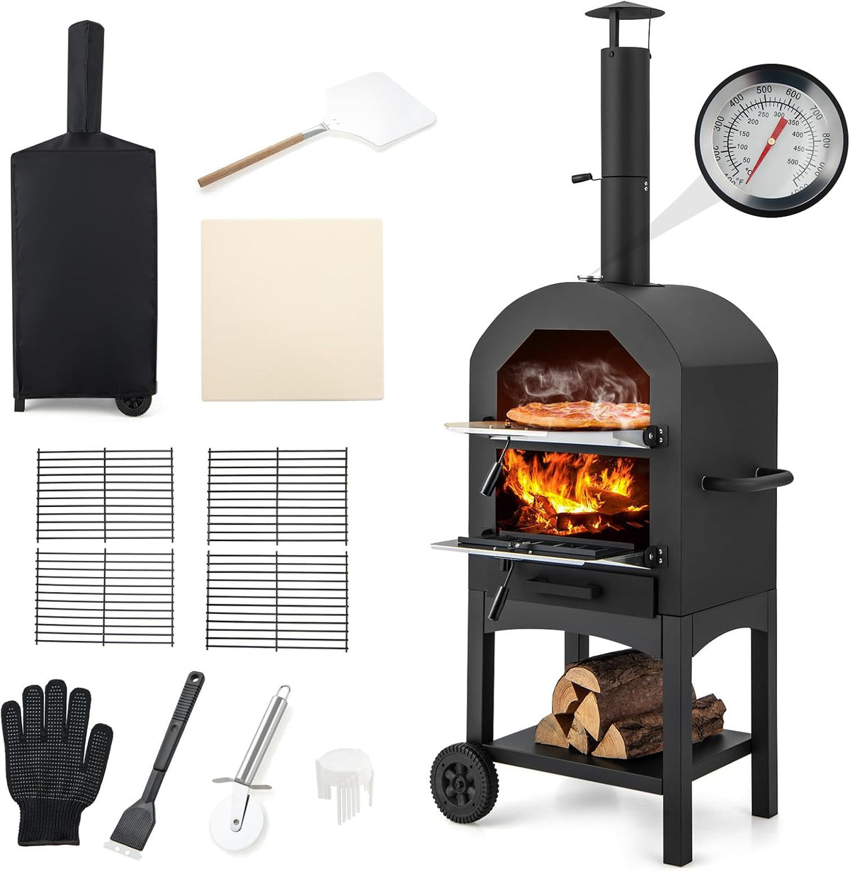 GYMAX Horno de pizza exterior, Horno para Pizza de Exteriores con Piedra y Pala, Horno de Cocina con Termómetro y Función de Barbacoa, Estufa con