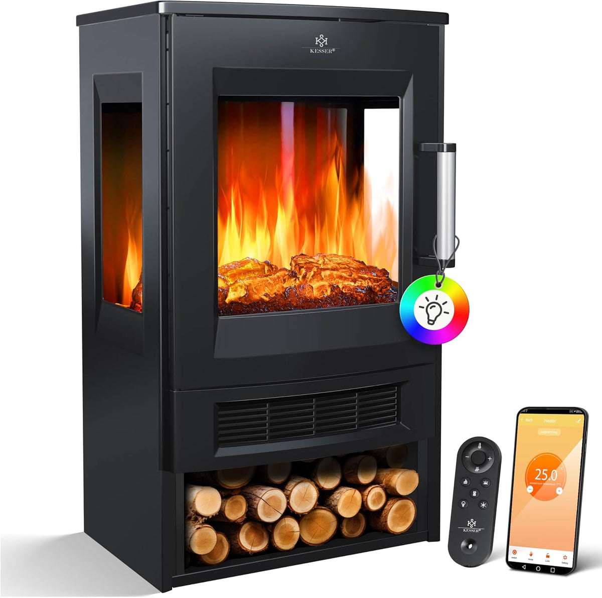 Chimenea eléctrica KESSER, ® Chimenea Eléctrica con Calefacción, Ventilador de Cristal Panorámico Efecto Llama LED con 9 Modos de Color, Control