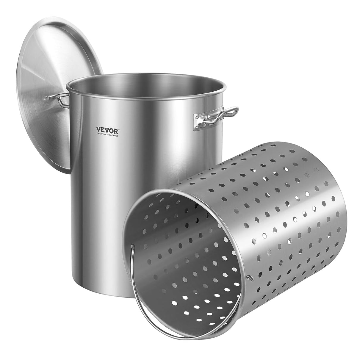 Ollas recta VEVOR, Olla de Acero Inoxidable para Cocinar 34 L, Olla para Salsa con Canasta, Tapa y Asa, Comercial Resistente, Tratamiento de Lijado
