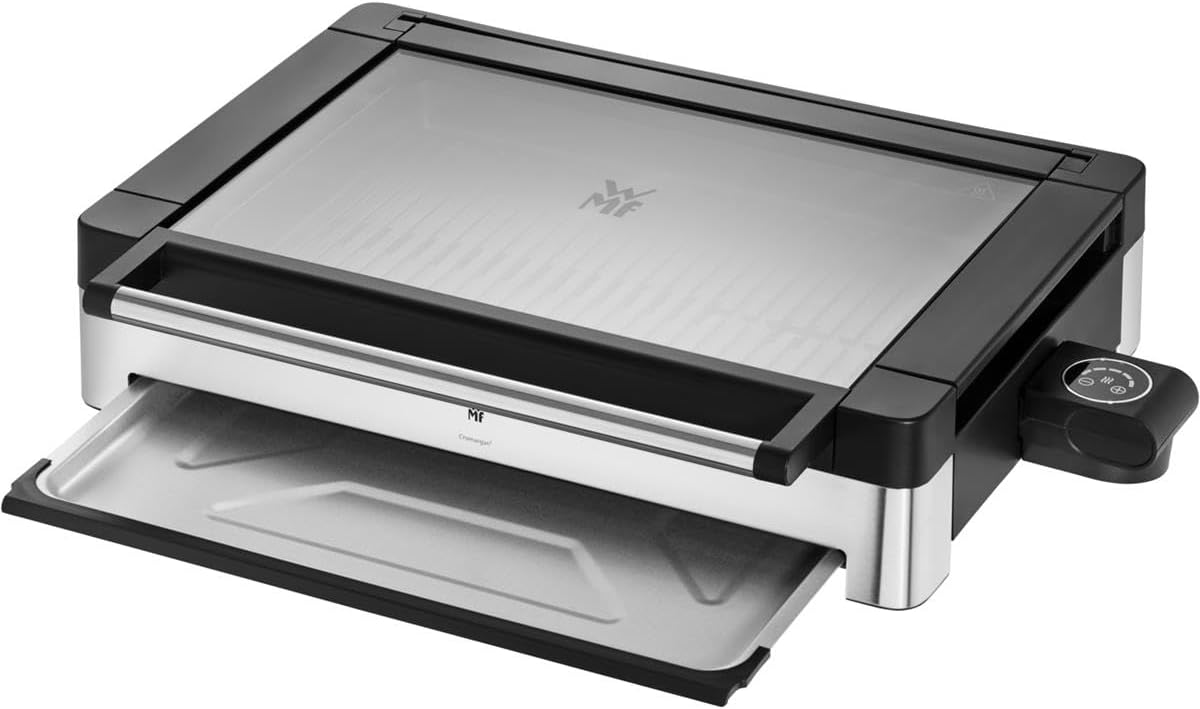 Parrillas eléctrica WMF, Lono - Grill sobremesa con tapa de cristal y Barbacoa 2200 W, acero inoxidable mate, placa de parrilla recubierta