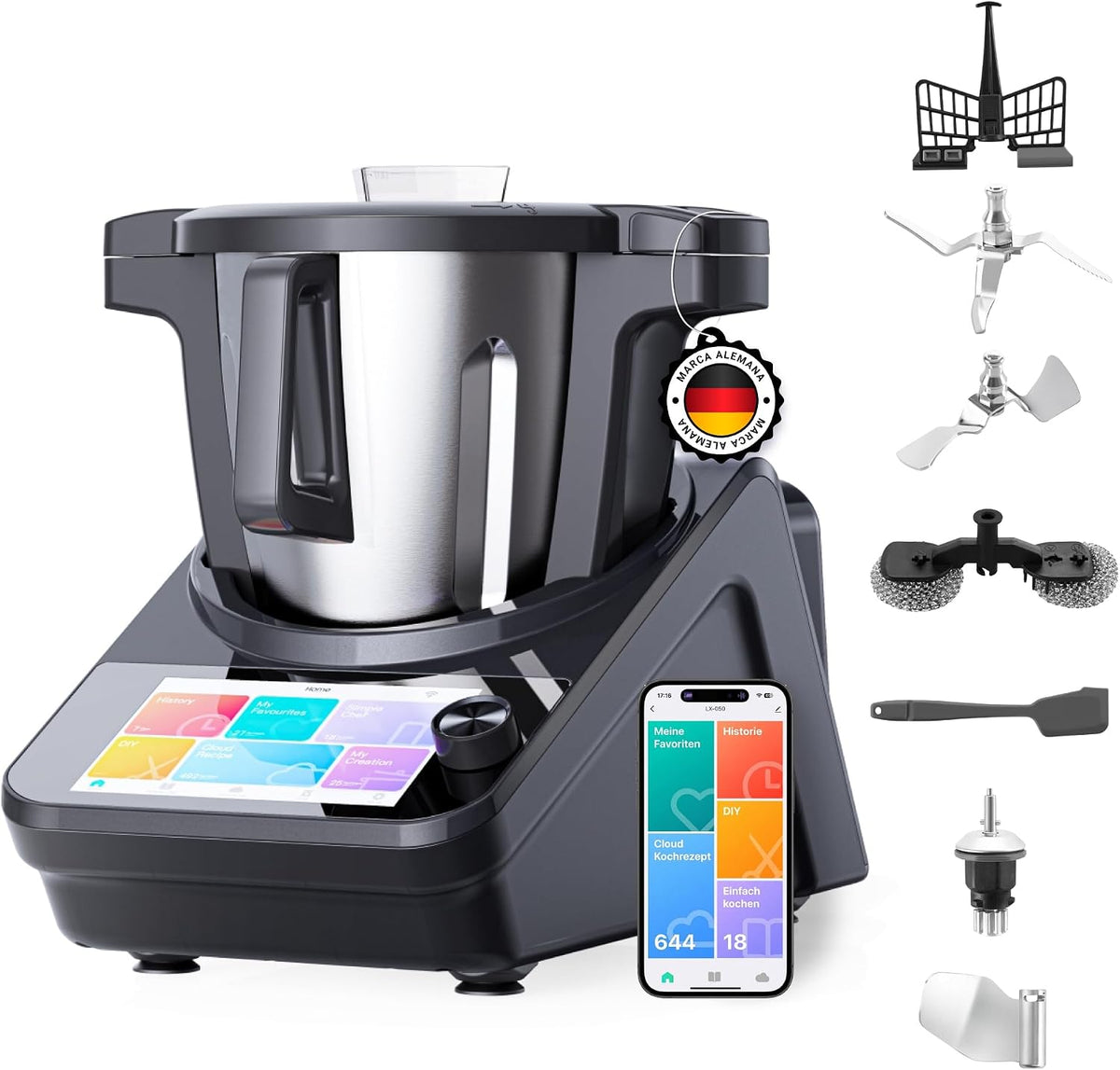 Robots de cocina Máquina de Cocina Inteligente Master Chef LX-050, Bol de acero inoxidable de 3L, Wi-Fi y App, Pantalla táctil de 7″, 15 programas